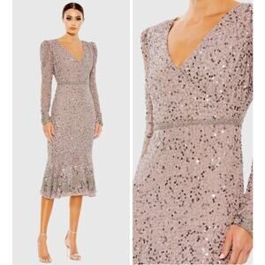 Mac Duggal 10740 Purple Size 12 Sequin Midi Dress Embellished Hemline Belt NWOT